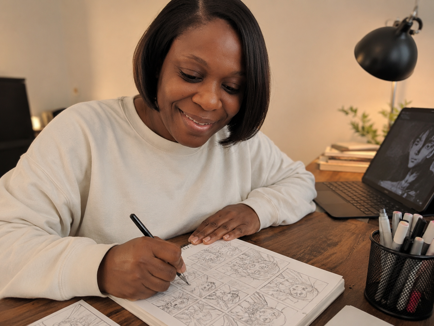 Mellisa Brown, presentation designer at Local Forge Labs, sketching storyboards at her desk