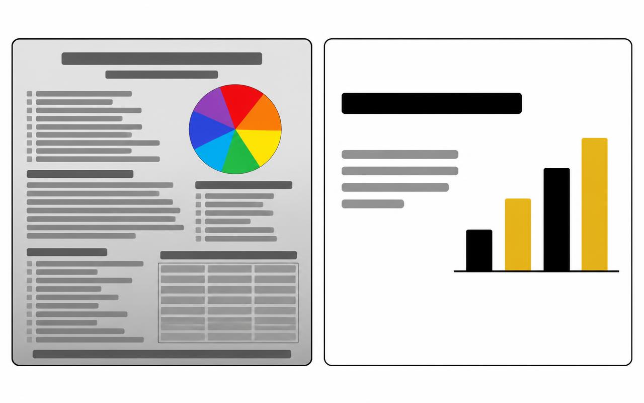 Presentation slide before and after, busy old slide next to a clean modern slide
